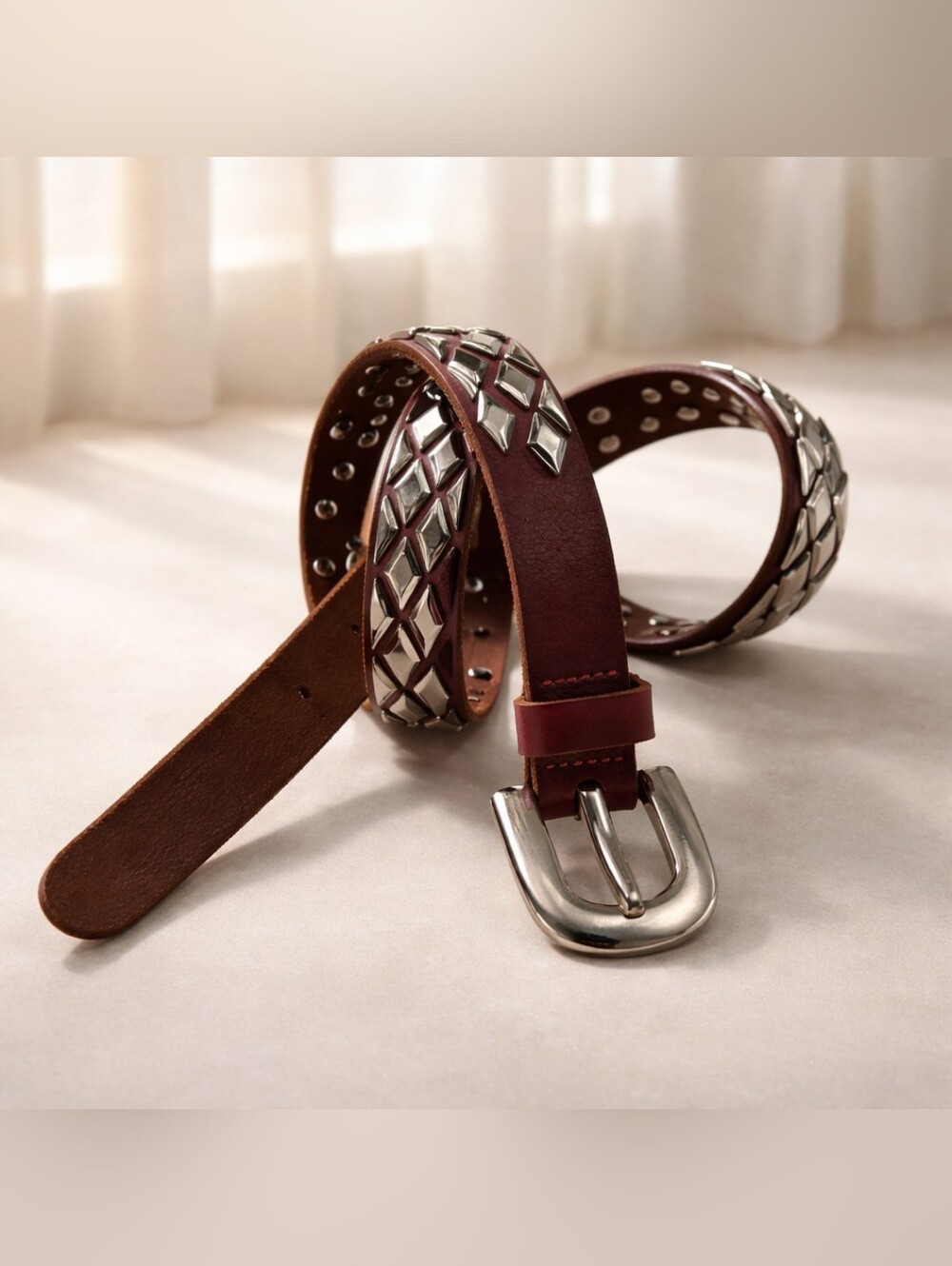 John Lewis Brown Leather Belt with Silver Buckle and Diamond  Studs
